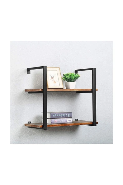 Hitit Dekorasyon Tasnia Siyah Metal Ahşap Duvar Rafı 60cm 2 Katlı ürün görseli 1