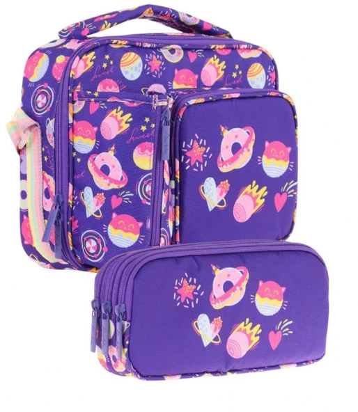 Kaukko Kids Kız Çocuk Mor Şekerlemeler Üç Bölmeli Thermo Beslenme Çantası ve Kalemlik Seti (L7216+L8216) ürün görseli 1
