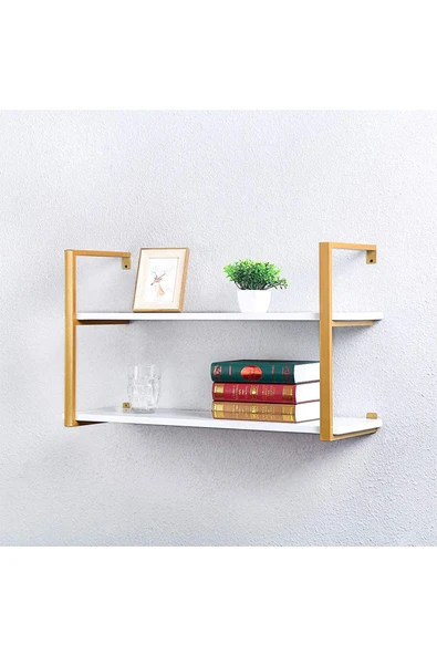 Hitit Dekorasyon Tasnia Gold Metal Ahşap Duvar Rafı 90cm 2 Katlı ürün görseli 1