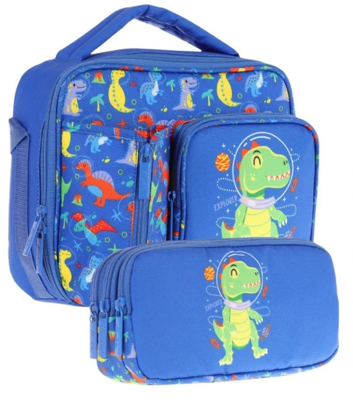 Kaukko Kids Erkek Çocuk Mavi Yeşil Dinazor Baskılı Üç Bölmeli Thermo Beslenme Çantası ve Kalemlik Seti (L7262+L8262) ürün görseli 1