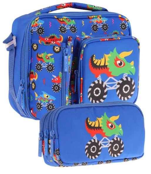 Kaukko Kids Erkek Çocuk Mavi Yeşil Canavar Üç Bölmeli Thermo Beslenme Çantası ve Kalemlik Seti (L7255+L8255) ürün görseli 1