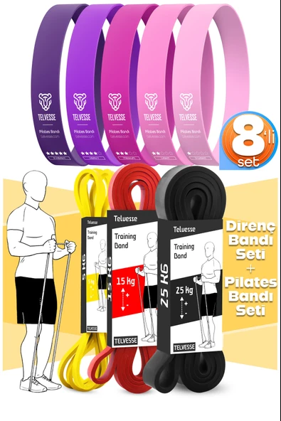 8li GİGA SET 5+15+25 KG + 5Li Pilates Direnç Bandı Barfiks Lastiği Loop Band Pembe Ton ürün görseli 1