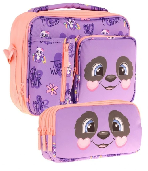 Kaukko Kids Kız Çocuk Mor Somon Panda Desenli Üç Bölmeli Thermo Beslenme Çantası ve Kalemlik Seti (L7233+L8233) ürün görseli 1