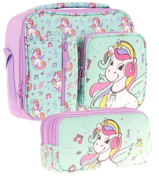 Kaukko Kids Kız Çocuk Turkuaz Unicorn Baskılı Üç Bölmeli Thermo Beslenme Çantası ve Kalemlik Seti (L7234+L8234) ürün görseli 1