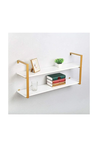 Hitit Dekorasyon Tasnia Gold Metal Ahşap Duvar Rafı 120cm 2 Katlı ürün görseli 1