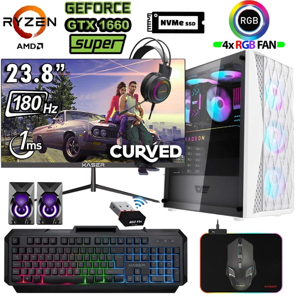 Xaser Xsr1201 Ryzen 5 5500 32GB Ram 1TB M.2 NVMe SSD 6GB GTX1660 Super 23.8" 180Hz Curved Oyuncu Tavsiye Sistem ürün görseli 1