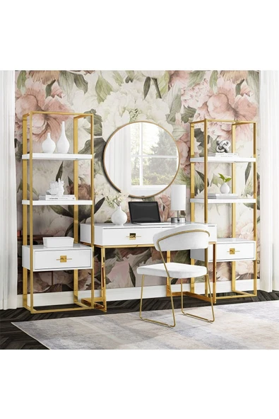 Hitit Dekorasyon Rihanna Gold Metal Beyaz Çalışma Masası Ve 2 Adet Kitaplık ürün görseli 1