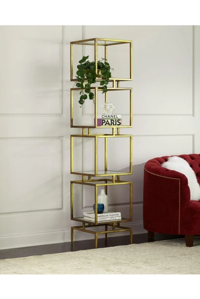 Hitit Dekorasyon Olope Gold Metal 4 Raflı Kitaplık Çiçeklik Gümüşlük Duvar Rafı ürün görseli 1