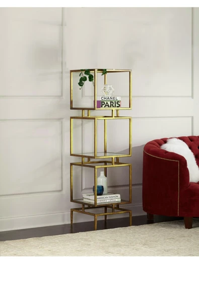 Hitit Dekorasyon Olope Gold Metal 3 Raflı Kitaplık Çiçeklik Gümüşlük Duvar Rafı ürün görseli 1