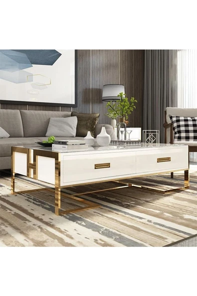 Hitit Dekorasyon Barbara Gold Metal Beyaz Orta Sehpa ürün görseli 1