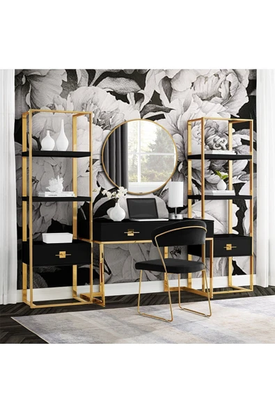 Hitit Dekorasyon Rihanna Gold Metal Siyah Çalışma Masası Ve 2 Adet Kitaplık ürün görseli 1