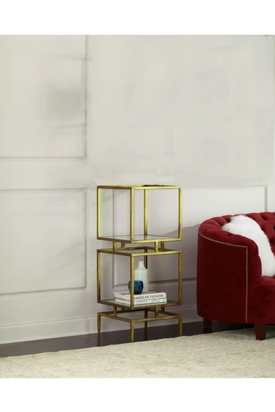 Hitit Dekorasyon Olope Gold Metal 2 Raflı Kitaplık Çiçeklik Gümüşlük Duvar Rafı ürün görseli 1