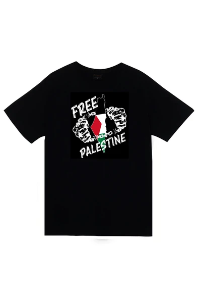 fame-stoned Özgür Filistin Baskılı Unisex %100 Pamuk Siyah T-shirt ürün görseli 1