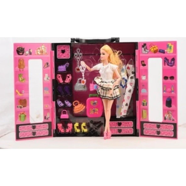 Şenver Toys Barbie Gardırop, Sonsuz Hareketli Bebek ve Giysili, Ayakkabılı, Çantalı Elbise Dolabı ürün görseli 1