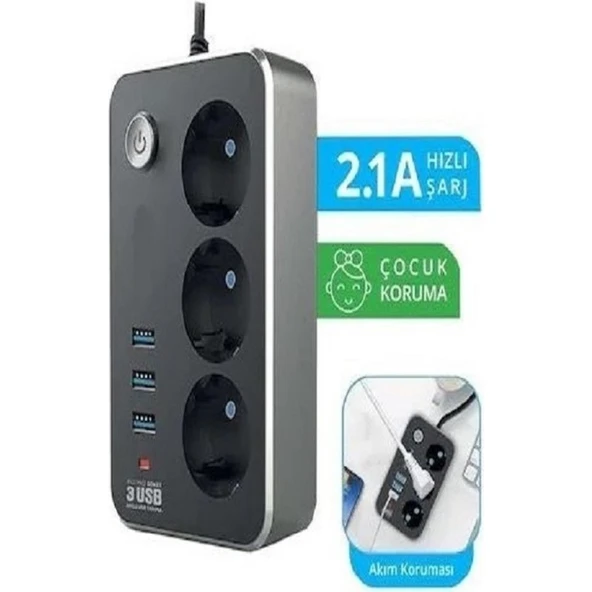 EC Shop Trend Stone Winboss Termal Akım Korumalı 3x USB 3 Lü Çocuk Korumalı 2 Metre Priz ürün görseli 1