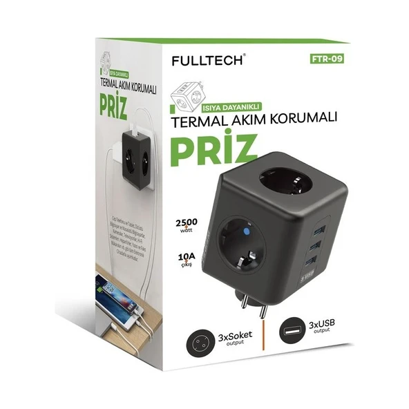 Fultech 3 Priz 3xusb 10A 2500W Termal Akım Korumalı Priz TGFTR09 ürün görseli 1
