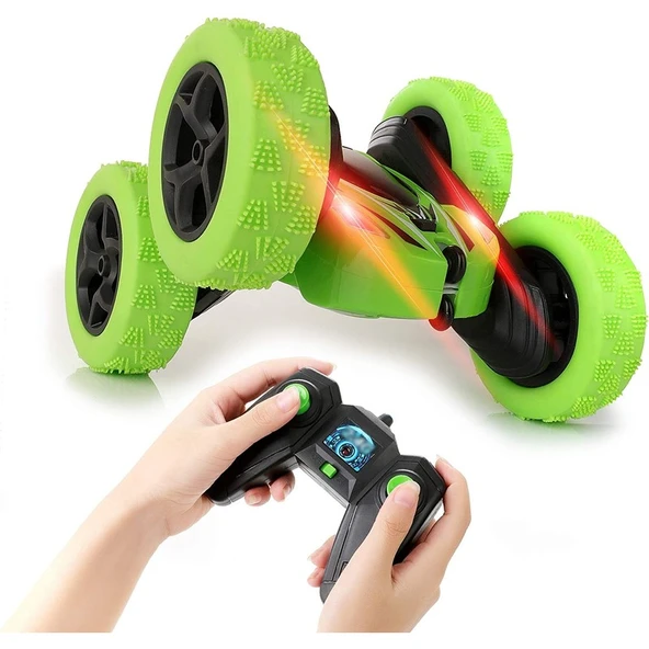 Eagle Stone Uzaktan Kumandalı Araba, 4WD 2.4 Ghz Yüksek Hızlı Elektrikli Rc Dublör Arabası, 360° Çift Taraflı Dönen ve Yuvarlanan, LED Far, Erkek ve Kız Çocuk Oyuncak Arabası (Yeşil) ürün görseli 1
