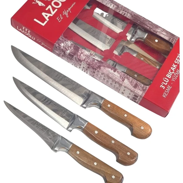 Lilys Kitchenware Lazoglu Özel Üretim Ceviz Ağacı 3 Parça,büyük, Çelik Kasap Bıçak Seti, El Yapımı Bıçak, Sürmene, Büyük Set, Kesme,yüzme, Sıyırma ürün görseli 1