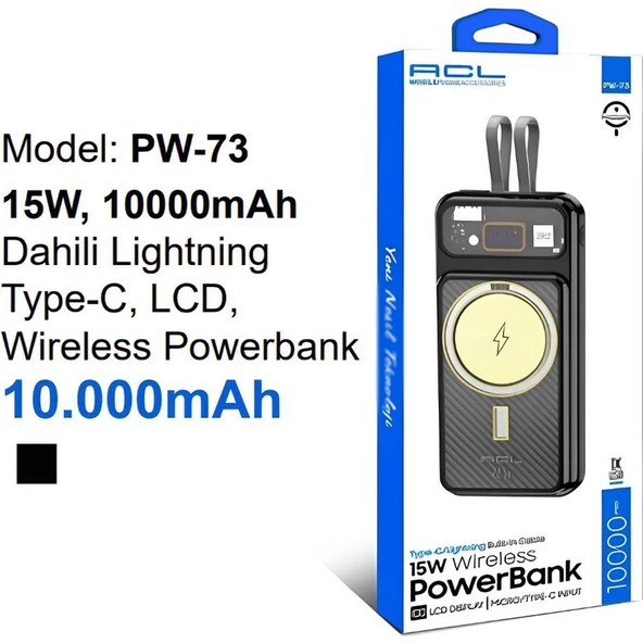Acl Pw-73 15W 10000MAH Dahili Lightning Type-C LCD Wireless Powerbank Pw-73 ürün görseli 1
