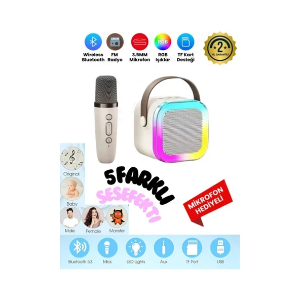 MerciTech K12 Kablosuz Bluetooth Hoparlör Bej Karaoke Mikrofon 5 Ses Efektli Rgb Hd Stereo Ses Usb/sd/fm ürün görseli 1