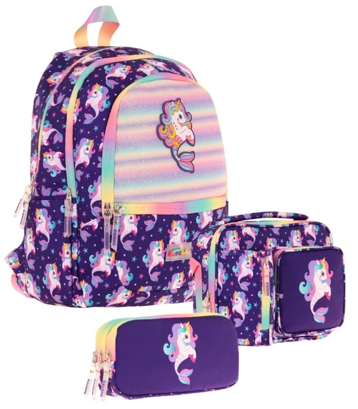 Kaukko Kids Üçlü Kız Çocuk İlkokul Okul Çantası Seti (L5228+L7228+L8228) Mor - Kauçuk Unicorn ürün görseli 1