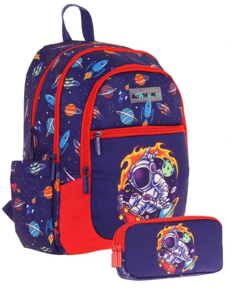 Kaukko Çanta Erkek Çocuk Astronot Baskılı Baskılı Okul Çantası ve Kalem Kutusu Seti (L5267+KK-L8267) - Lacivert Kırmızı ürün görseli 1
