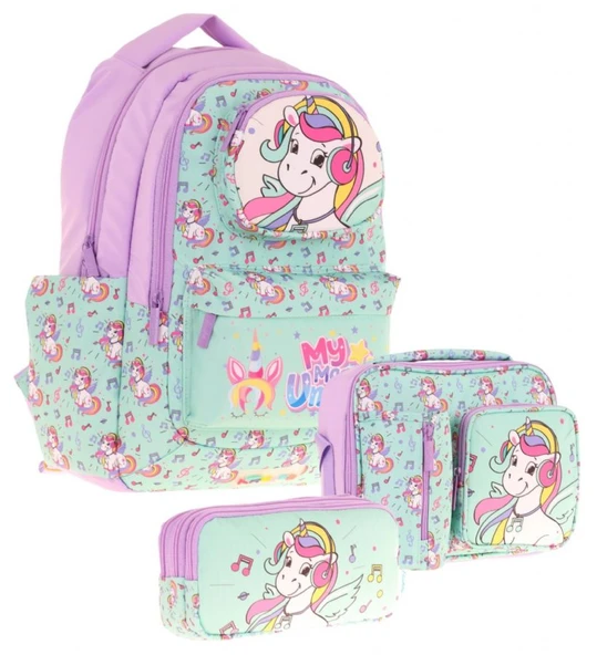 Kaukko Kids 3D Unicorn Şekilli Kız Çocuk Üçlü Okul Çantası Seti/Takımı - Turkuaz (L5234+L7234+L8234) ürün görseli 1