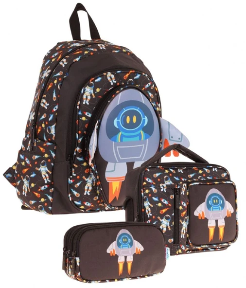 Kaukko Kids Kız Çocuklara Özel (Siyah - 3D Roket Detaylı) Üçlü Okul Çantası Seti ürün görseli 1