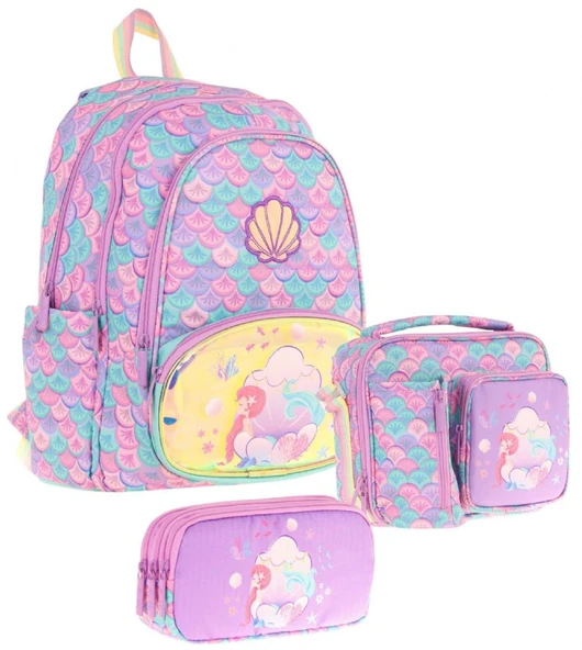 Kaukko Kids Kız Çocuklara Özel (Pembe Yeşil - Denizkızı Nakışlı ve Baskılı) Üçlü Okul Çantası Seti ürün görseli 1