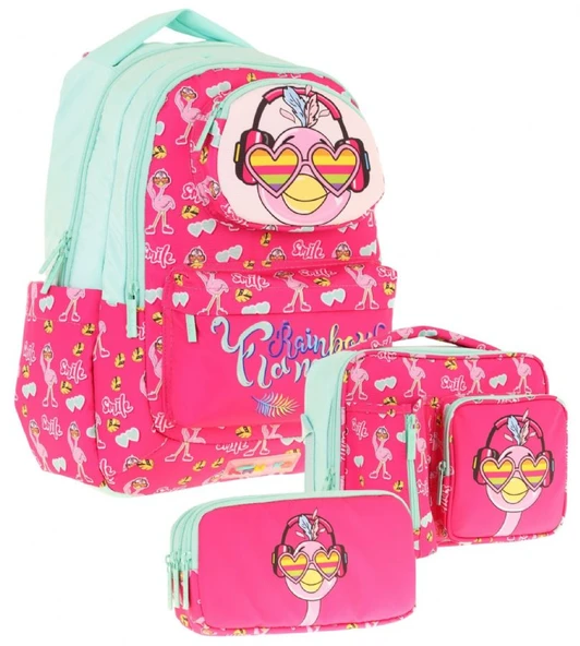 Kaukko Kids 3D Flamingo Şekilli Kız Çocuk Üçlü Okul Çantası Seti/Takımı - Kırmızı Yeşil (L5235+L7235+L8235) ürün görseli 1