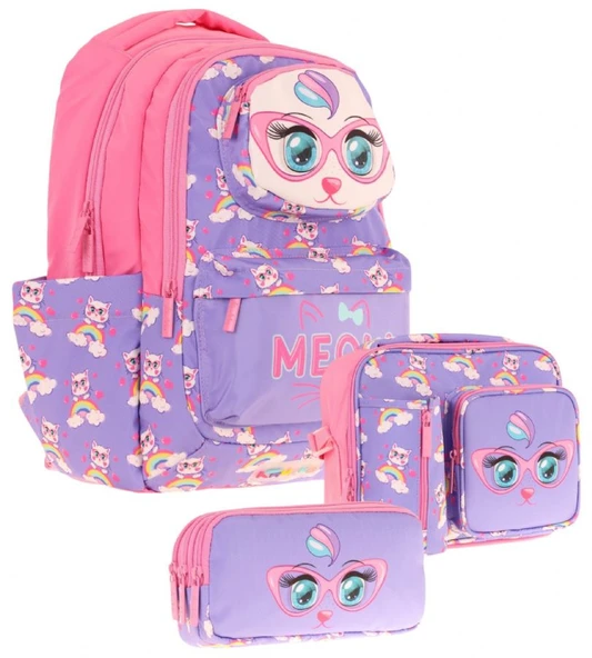 Kaukko Kids 3D Kedi Şekilli Kız Çocuk Üçlü Okul Çantası Seti/Takımı - Mor Pembe (L5236+L7236+L8236) ürün görseli 1