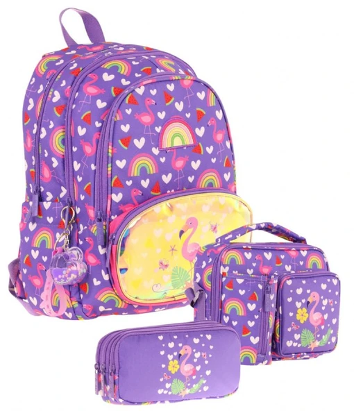 Kaukko Kids Kız Çocuklara Özel (Mor Pembe - Flamingo Nakışlı ve Baskılı) Üçlü Okul Çantası Seti ürün görseli 1