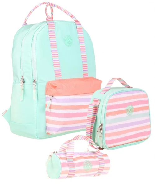 Kaukko Double Stripe Kız Çocuk İlkokul Üçlü Okul Çantası Seti - Su Yeşili Pembe - Çizgi Desenli ürün görseli 1