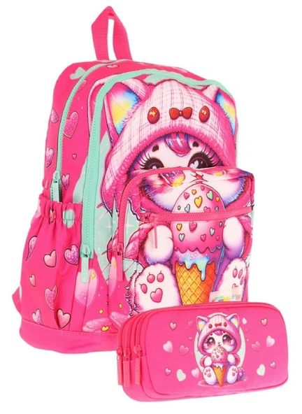 Kaukko Kids Layer Kız Çocuk Okul Çantası + Kalem Çantası Seti (Pembe - Dondurma Yiyen Kedi) ürün görseli 1