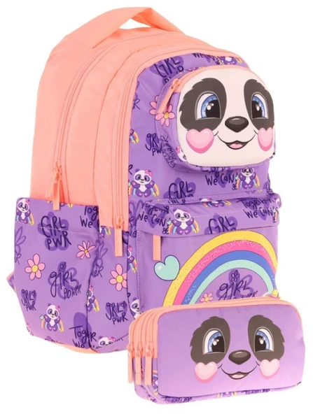Kaukko Kids Toys Kız Çocuk Mor Somon 3D Panda Şekilli İlkokul Çantası ve Kalemlik Seti (L5233+L8233) ürün görseli 1