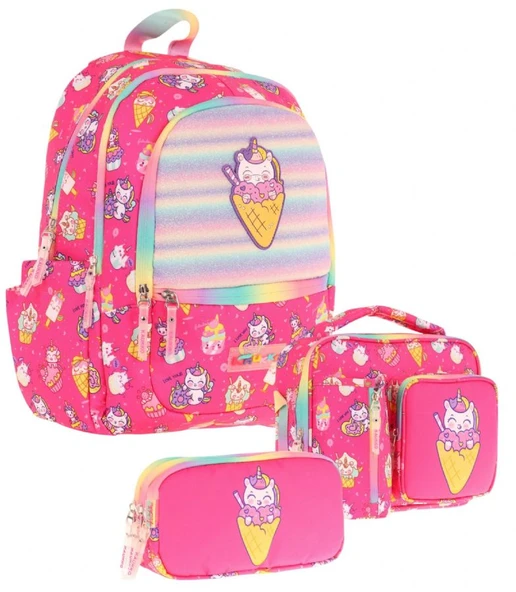 Kaukko Kids Üçlü Kız Çocuk İlkokul Okul Çantası Seti (L5227+L7227+L8227) Pembe - Kauçuk Dondurma ürün görseli 1