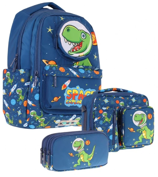 Kaukko Kids 3D Dinazor Şekilli Erkek Çocuk Üçlü Okul Çantası Seti/Takımı - Lacivert (L5252+L7252+L8252) ürün görseli 1