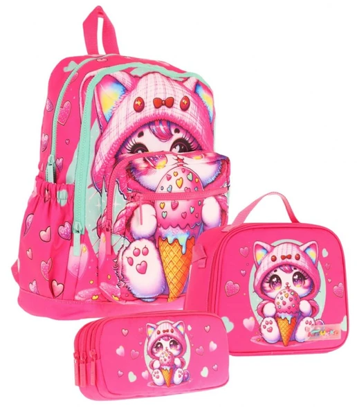 Kaukko Kids Dört Bölmeli Okul Çantası + Beslenme +Kalemlik Seti (Dondurma Yiyen Kedi - Kız Çocuk - Pembe) ürün görseli 1