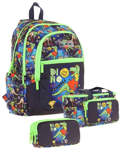 Kaukko Kids Erkek Çocuk İçin Siyah Yeşil Renkli Dinazor DesenliÜçlü Okul Çanta Kombinasyonu ürün görseli 1