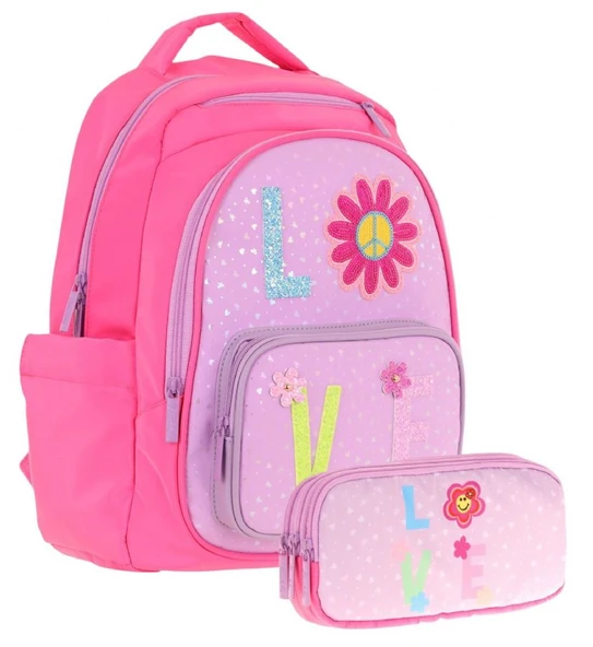 Kaukko Kids Simli Love Desenli Kız Çocuk Okul Çantası ve Üç Gözlü Kalem Çantası Seti (L5211+L8211) ürün görseli 1