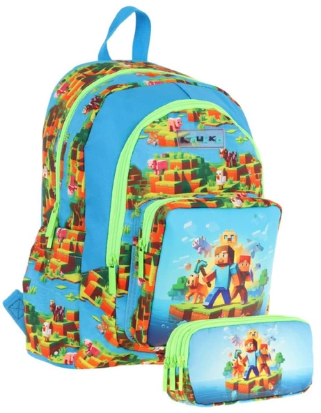 Kaukko Kids (L5280+L8280) Üç Gözlü Erkek Çocuk Okul Çantası ve Kalem Çantası Seti - Yeşil Mavi - Craft Baskılı ürün görseli 1