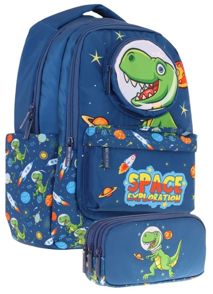 Kaukko Kids Toys Erkek Çocuk Lacivert 3D Dinazor Şekilli İlkokul Çantası ve Kalemlik Seti (L5252+L8252) ürün görseli 1
