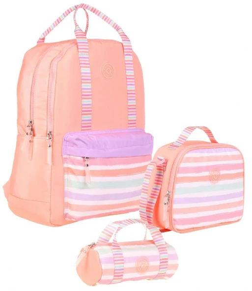 Kaukko Double Stripe Kız Çocuk İlkokul Üçlü Okul Çantası Seti - Somon - Çizgi Desenli ürün görseli 1
