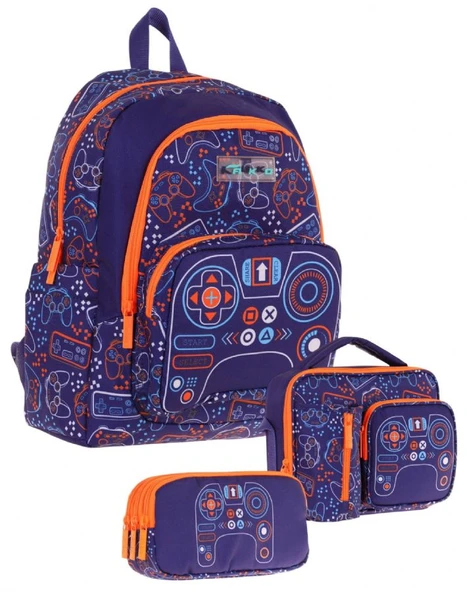 Kaukko Kids Erkek Çocuk Oyun Desenli Üçlü Okul Çanta Seti(Okul Çantası+Beslenme Çantası+Kalemlik) ürün görseli 1