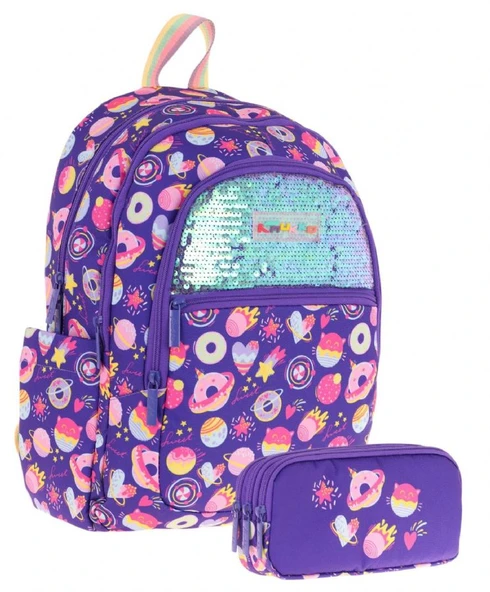 Kaukko Kids Kız Çocuk Okul Çantası ve Üç Bölmeli Kalemlik Seti (Mor - Pullu Şekerleme) - (L5216+L8216) ürün görseli 1