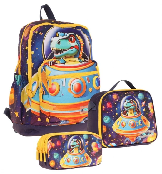 Kaukko Kids Dört Bölmeli Okul Çantası + Beslenme +Kalemlik Seti (Astronot Dinazor - Erkek Çocuk - Mavi Sarı) ürün görseli 1