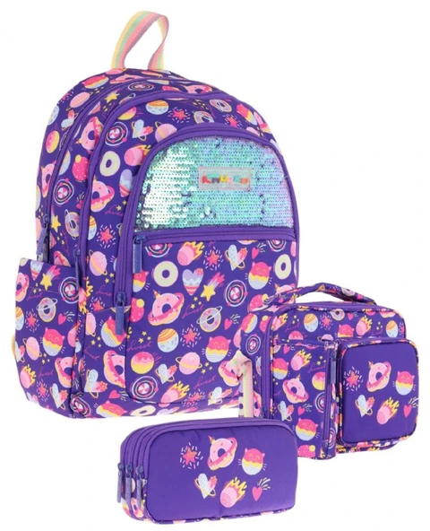 Kaukko Kids Kız Çocuk - Mor Pullu Şekerleme Desenli - Okul Çanta Seti (Sırt Çantası+Beslenme Çantası+Kalemlik) ürün görseli 1