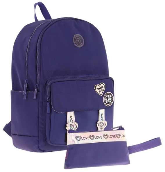 Kaukko Parlak Love Şeritli Lacivert Okul Çantası ve Cüzdan Tipi Kalemlik Seti (KK-K1843+KK-K2754) ürün görseli 1