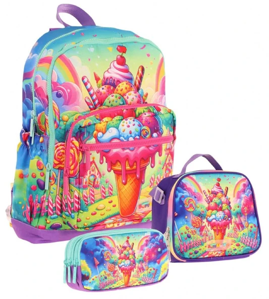 Kaukko Kids Dört Bölmeli Okul Çantası + Beslenme +Kalemlik Seti (Dondurma - Kız Çocuk - Kırmızı Mavi) ürün görseli 1