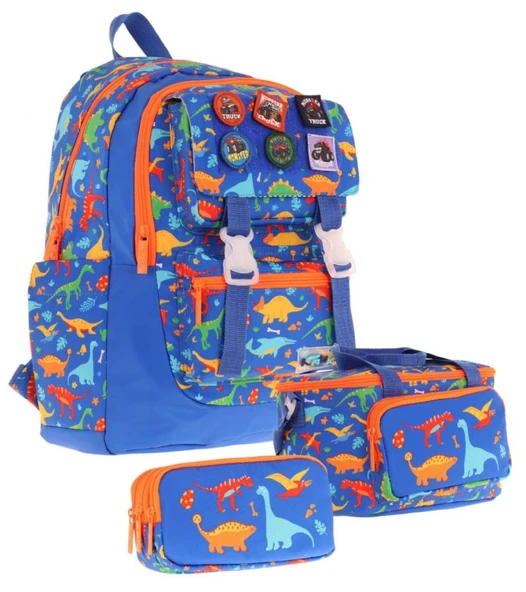 Kaukko Kids Armalı Dinazor Desenli Erkek Çocuk Üçlü İlkokul Okul Çantası Seti - Mavi ürün görseli 1